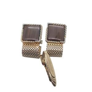 Vintage Cufflinks 1950 Mesh Wrap Gold Plated Lucite Faux Wood Tie Bar Cuff Links